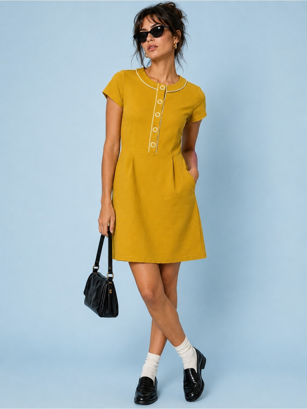 Boden 8 Retro Yellow Ponte Dress Stretchy Tailored Pockets Mod Sheath Preppy